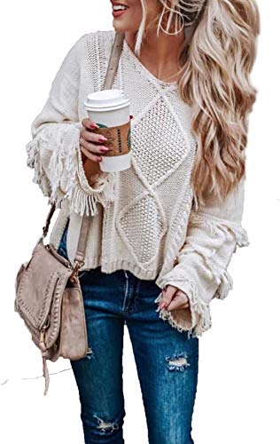 HZSONNE Women's Casual V Neck Tassel Bell Long Sleeve Boho Loose Kimono Cable Knit Pullover Sweater Jumper Tops (White, Medium)