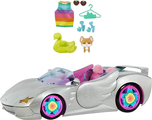 Barbie Car, Barbie Extra Set, Sparkly Silver 2-Seater Toy Convertible with Puppy and Accessories, For Kids