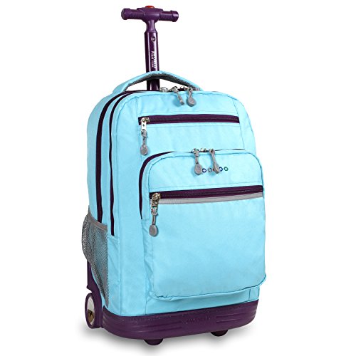 J World New York Sundance Rolling Backpack Girl Boy Roller Bookbag, Sky Blue, 20 Inch