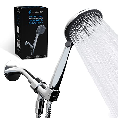 SparkPod High Pressure 3-Function Handheld Shower Head with 5 ft. Hose and Bracket - 3.75' Wide Angle Rain, Massage & Full Body Spray Modes - 1-Min Installation (Luxury Polished Chrome)