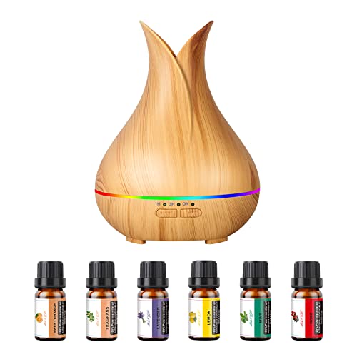 Grevol Essential Oil Diffuser with 6 Essential Oils Set, 150ml Small Cute Aroma Diffuser with 15 Color LED Light&3 Times, Ultra-Quiet Aromatherapy Diffusers for Home Bedroom(Wood)