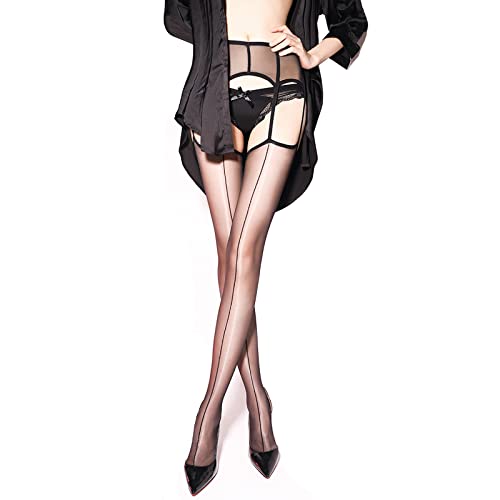 GOCBOBO Women's Sheer Suspender Stocking With Garter Belt Sexy Suspender Tights Oily Shiny Suspender Pantyhose-Black