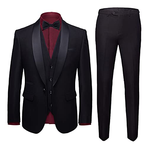 MYS Mens 3-Piece Suit Shawl Lapel One Button Tuxedo Slim Fit Premium Dinner Jacket Vest Pants & Tie Set Black