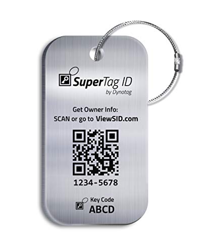 Dynotag Sentry Series Solid Metal Web Enabled Smart Luggage ID Tag + Steel Loop, w. DynoIQ & Lifetime Recovery Service (Brushed Steel, Stainless Steel)