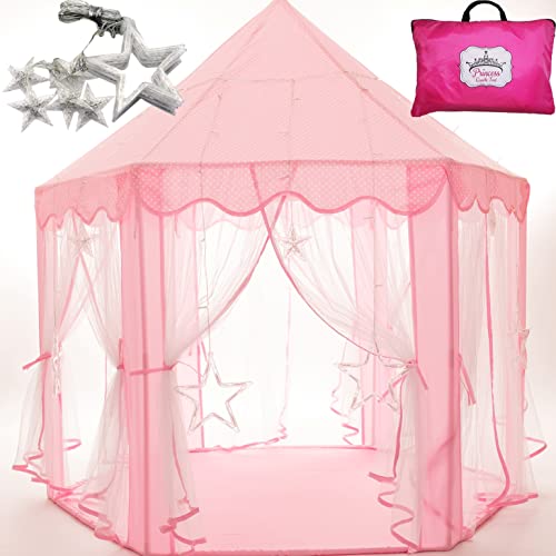 Princess Castle Tent with Large Star Lights String, Durable Kids Playhouse for Indoor & Outdoor Games, Stimulate Pretend and Imaginative Play, Have Fun, Encourage Social Interaction, Cute Pink