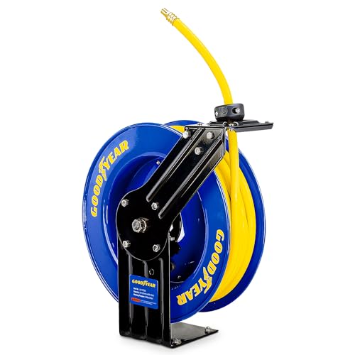 Goodyear Air Hose Reel Retractable 3/8' Inch x 50' Foot SBR Rubber Hose Max 300PSI Heavy Duty Industrial Steel Single Arm Construction