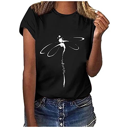 Summer Women Vintage Tshirt Tops Casual Sexy Loose Fit Crewneck Tunic Tees Trendy Short Sleeve Dragonfly Print Blouses