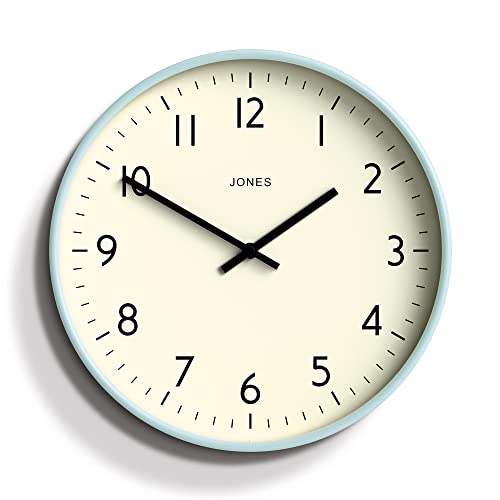 JONES CLOCKS Studio Round Wall Clock - Round Clock - Modern Clock - Designer Clock - Kitchen Clock - Living Room Clock - Office Clock - Easy to Read Dial - Contemporary Design (Clear Blue)