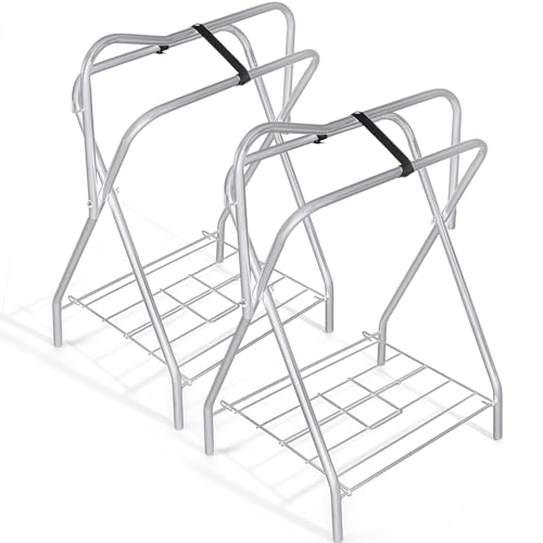 Abbylike 2 Pcs Portable Saddle Rack Foldable Freestanding Saddle Rack Stand Steel Saddle Stand Horse Trailer Organizer for Derby Day Horse Supplies Accessories Equipment, 22 x 26 x 36 Inches(Silver)