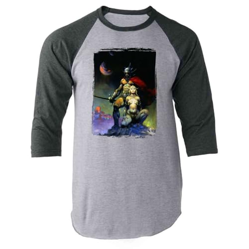 Pop Threads Swords of Mars by Frank Frazetta Art Raglan Baseball Tee Shirt Gray Sleeves S