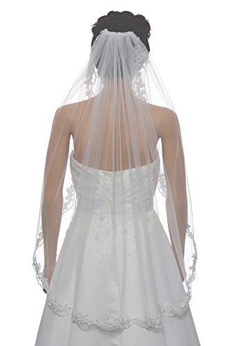 SAMKY 1T 1 Tier Flower Scallop Embroided Lace Pearl Veil - White Fingertip Length 36' V466
