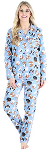 PajamaMania Women's Cotton Flannel Long Sleeve Button-Down Pajamas PJ Set, Blue Dogs, Medium