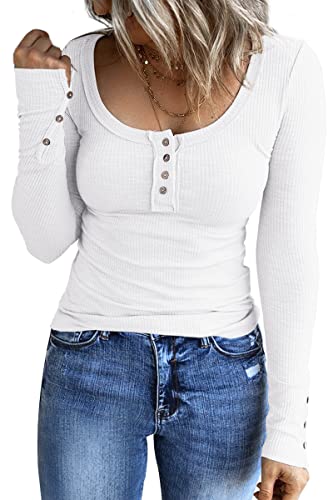 Kissfix Womens White Shirt Long Sleeve Top Henley Button Down Shirts Basic Ribbed Knit Tops 2023 Winter Trendy Clothes