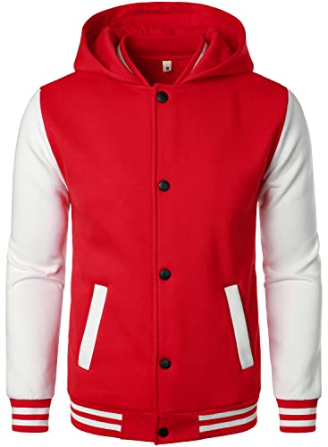 HOOD CREW Mens Casual Sports Varsity Jacket Fashion Hooded Letterman Jackets Red L