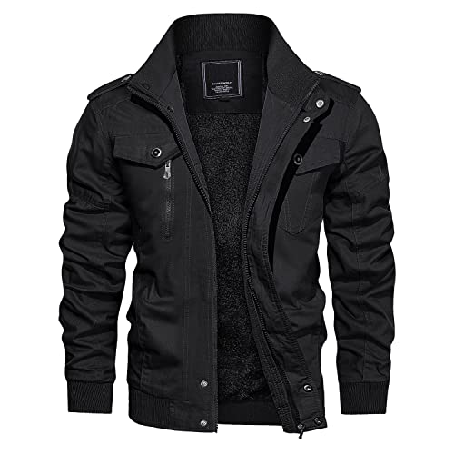 CRYSULLY Men's Cargo Jacket Tactical Military Climbing Work Fatigue Fleece Field Bomber Coat Black