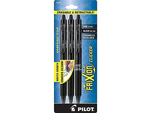 PILOT FriXion Clicker Erasable, Refillable & Retractable Gel Ink Pens, Fine Point, Black Ink, 3-Pack (31464)