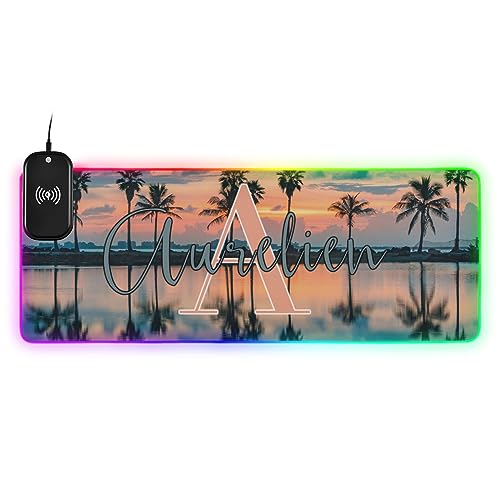 Palm Tree Sunrise Custom Wireless Charging Mouse Pad for Mobile Phone Personalized Extra Large Gaming Mousepad with 13 Lighting Modes Extended Desk Mat for Office Home Gaming MacBook PC Laptop Desk