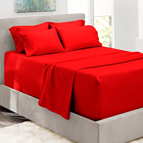 Hearth & Harbor Extra Deep Pocket Queen Sheets Sets - Fits Mattress 18-24 Inches Deep - Extra Deep Pocket Sheets - 6 Piece Queen Size Sheets - Queen Sheets Deep Pocket - Cherry Red Sheets
