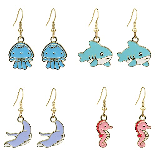 QUPENGXU 4 Pairs Personality Marine Organism Earrings Lovely seahorse octopus Drop Dangle Earrings For Women Girls (animal)