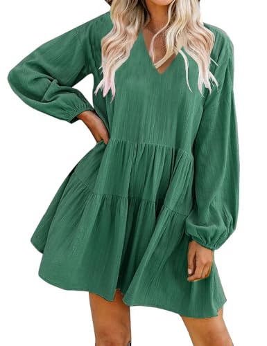 FANCYINN Women Shift Tunic Ruffle Dress Long Lantern Sleeves Babydoll V Neck Swing Mini Dark Green Cocktail St Patricks Day Dress XL