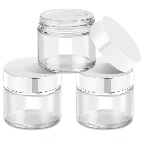 2 oz Glass Jars with Lids, Bumobum 3 pack Clear Small Jar with White Lids, Blank Labels & Inner Liners, 60 ml Empty Round Cosmetic Containers for Sample, Powder, Cream, Lotion, Spice
