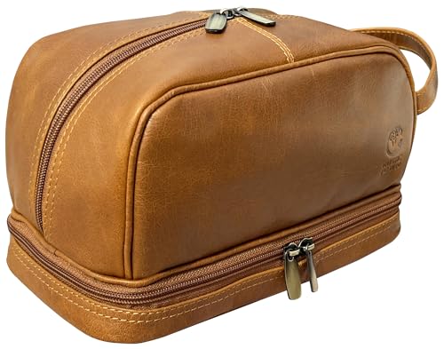 RUSTIC TOWN Leather Toiletry Bag for Men - Valentines Day Gifts for him her Travel Shaving Dopp Kit - Bathroom Shower Toiletries Organizer - Makeup Cosmetic Bag for Women (Cognac)
