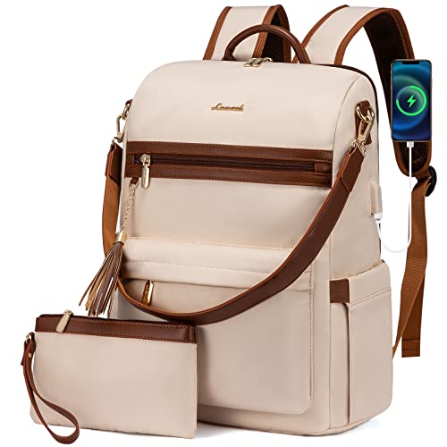 LOVEVOOK Laptop Backpack Women,15.6 Inch Convertible Backpack Purse for Women with USB Port,Fashion Teacher Nurse Bag Work Backpack with Cute Wristlet Bag for Travel Commute,Beige Brown
