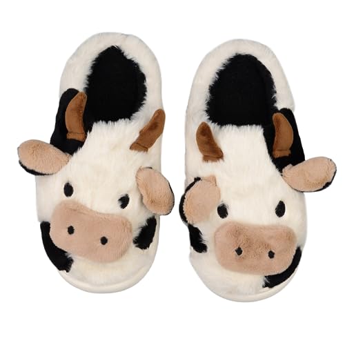 XIXITIAO Cow Slippers,slippers for Women Men,Cute Fuzzy Slippers, Womens/Mens Kawaii Animal Cartoon Cotton Plush House Slippers,Cloud Bedroom Winter House Shoes for Indoor,Size 9