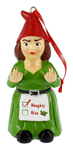 Gnometastic Holiday Naughty or Nice Lady Double Bird Gnome Ornament, 3.75 Inch - Inappropriate, Funny Gnome Christmas Ornament for Tree and Holiday Home Decor