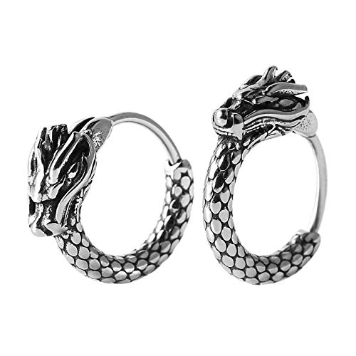 HZMAN Men Women 2pcs Punk Rock Silver Dragon Stainless Steel Perforated Round Stud Earrings Jewelry Gift (Dragon Head)