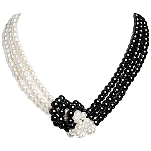 Coucoland 1920s Imitation Pearls Necklace 20s Gatsby Knot Pearl Necklace 1920s Flapper Pearls Accessories Two-tone Stitching Style (Black and White)