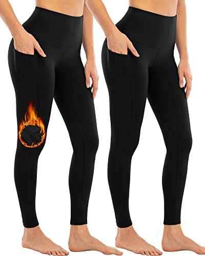 YEZII Fleece Lined Leggings with Pockets for Women,High Waisted Winter Yoga Pants 2Black-M