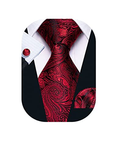 Barry.Wang Black and Red Paisley Ties Pocket Square Cufflink Wedding Set