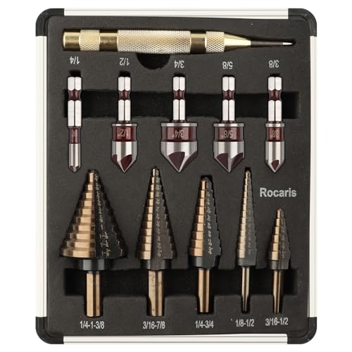 Rocaris 5 Pack Step Drill Bit & 5 Pack M2 Countersink Drill Bit Set, Titanium Coated, 50 Sizes of Step Bit for Metal with Aluminum Case, Multiple Hole Stepped Up Bits for DIY