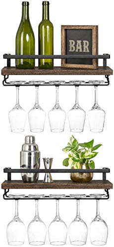 Mkono Wall Mounted Wine Rack Set of 2 Wood Rustic Wine Bottle Glass Floating Shelves with Stemware Hanger Modern Plants Photos Wine Display Storage Holder for Kitchen Dining Room Bar, 17 Inch