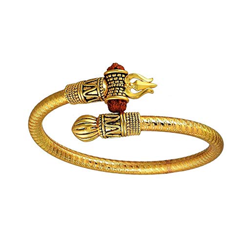 Wonder Care Rudraksha Shiv Trishul Damroo Kada for men, Lord Shiva Bahubali Cuff Boho Bracelet for men, boys | Religious Brass Kada | Free size (Golden)| | Bracelet For Maha Shivratri