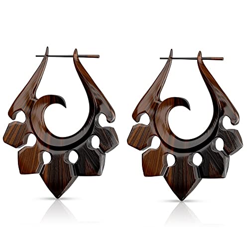Pair of Organic Hand Carved Sono Wood Tribal Ornament Stirrup Hanger Earrings
