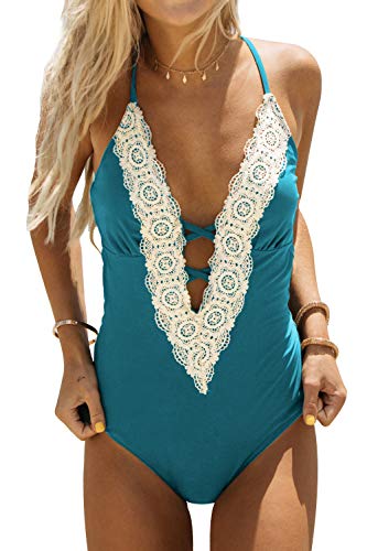 CUPSHE Women's Ladies Vintage Lace Bikini Set Beach Swimwear Bathing Suit One Piece Swimsuit, M Teal
