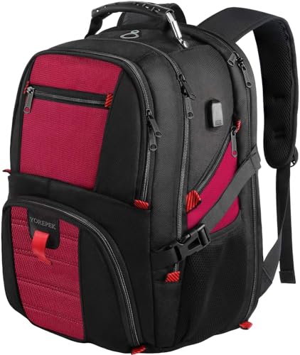 YOREPEK Travel Backpack, Extra Large 50L Laptop Backpacks for Men Women, Water Resistant College Backpack Airline Approved Business Work Bag with USB Charging Port Fits 17 Inch Computer, Bright Red