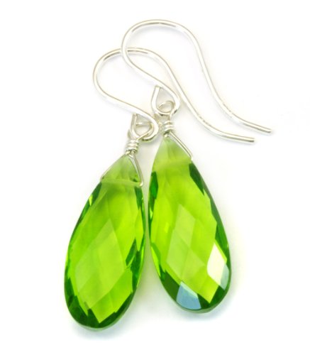 Sterling Silver Green Simulated Peridot Earrings Long Teardrops Faceted Simple Lightweight Drops Spyglass Designs