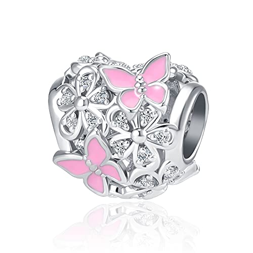 QeenseKc Butterfly Flower Garden Charm Pink Enamel Heart Crystal Openwork Bead fit Pandora Charm Bracelet, Pink