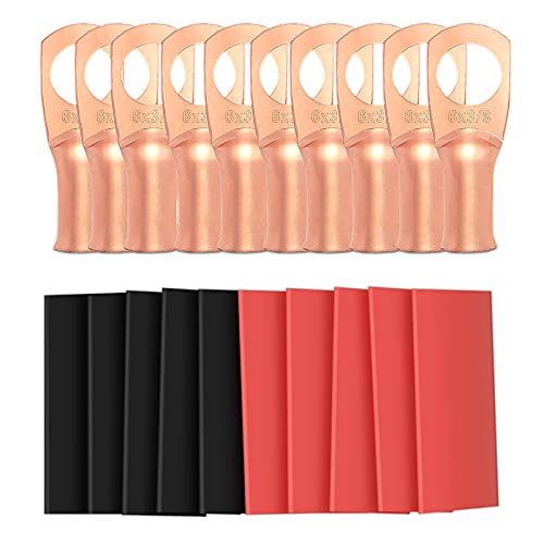 10pcs 6 Awg - 3/8' (M10) Sanuke Wire Lugs Ring Terminal Connectors Ends Heavy Duty for Battery Cable Lug Wire Electrical Eyelets with 3:1 Dual Wall Adhesive Heat Shrink