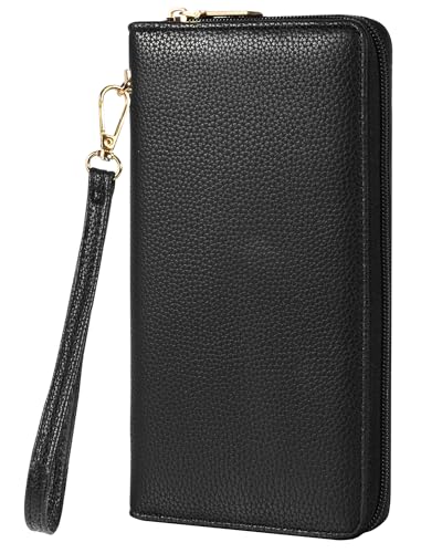 Chelmon Womens Wallet Large Capacity Zip Holder Clutch Bifold Wrist Strap Long Purse Black