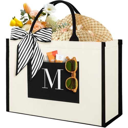 IDEATECH Canvas Tote Bag for Women, Personalized Birthday Gifts for Women, Monogram Beach Tote Bag Great for Wedding, Holiday