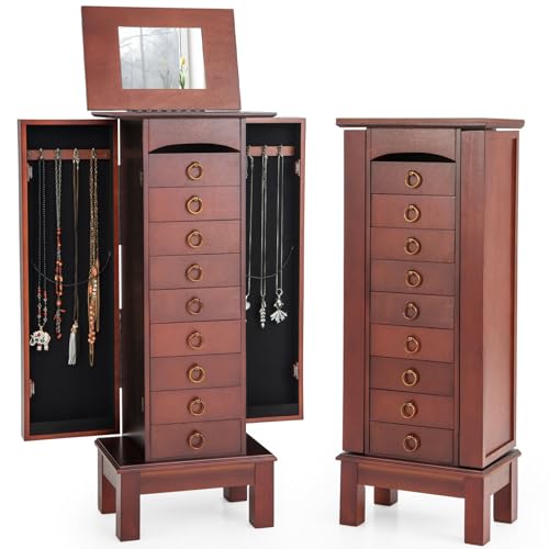 Giantex Jewelry Cabinet Armoire with 9 Drawers, 2 Side Doors, 8 Necklace Hooks, Top Divided Storage Compartments, Makeup Mirror, Large Standing Jewelry Chest Organizer Box