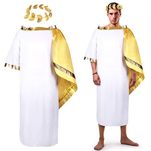 SATINIOR 2 PCS Halloween Greek Costume White Roman Toga Adult Toga Costume Tunic with Leaf Crown Headdress Laurel Wreath (L)
