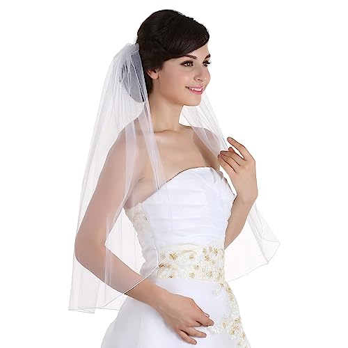 SAMKY 1T 1 Tier Pencil Edge Bridal Wedding Veil - White Elbow Length 30'