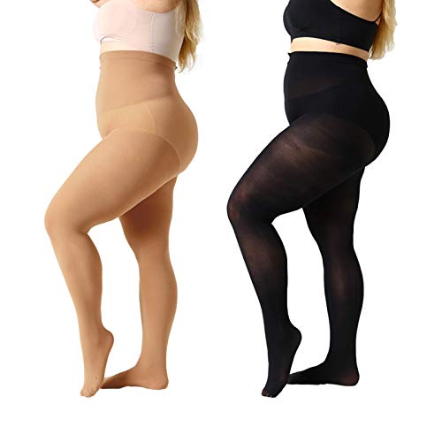 MANZI Plus Size Tights for Women 70D Queen Size Tights(Pack of 2)(1 Pair Black，1 Pair Suntan，3X-Large