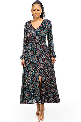 MIAMINE Women's Casual Boho Floral Print V-Neck Button Up Spring Smock Waist Long Sleeve Wedding Maxi Dresses with Pockets Paisley Large