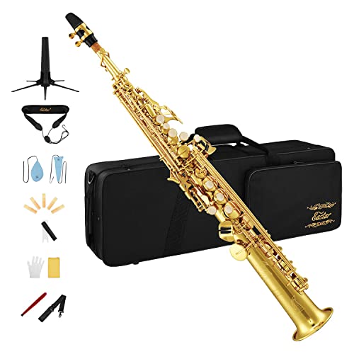 Eastar SS-Ⅱ Soprano Saxophone Bb Flat Sax for Student Beginner Professional, Cleaning Cloth, Carrying Case, Mouthpiece, Neck Strap, Reeds, Stand, Golden